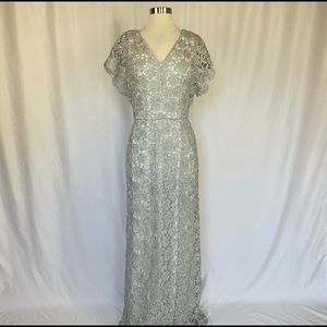 LAUREN Ralph Lauren Women's Dress Size 6 Silver Floral Lace Long Gown